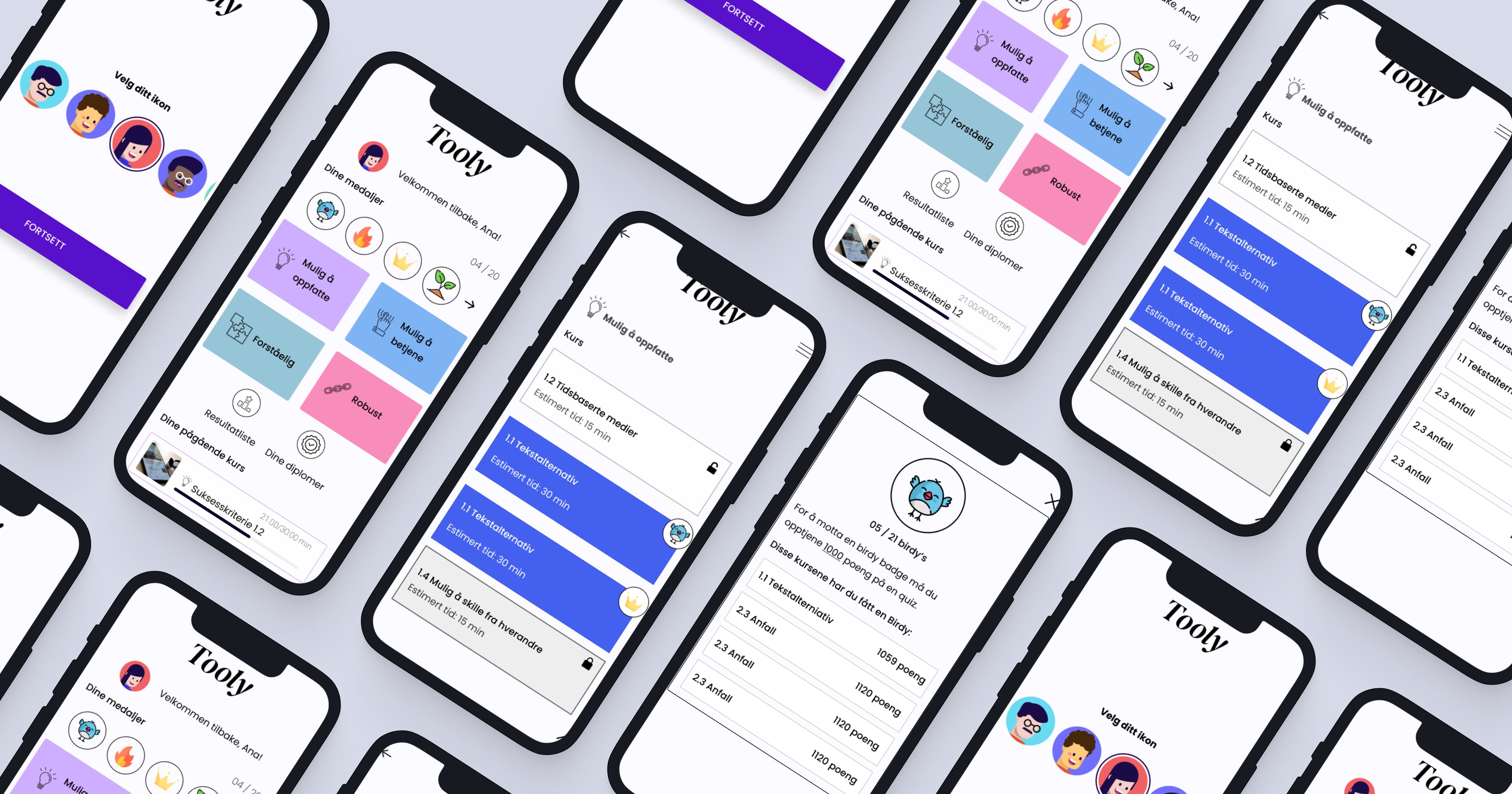 Tooly app-skjermer vist i et langt mockup